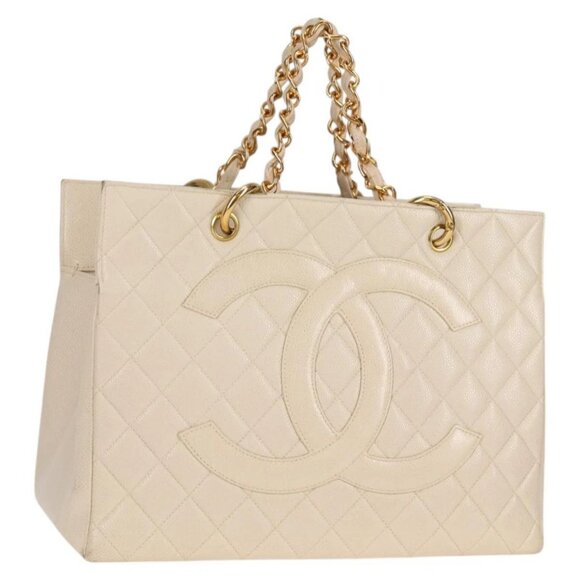 CHANEL Matelasse COCO Mark Chain Tote Bag Calf Skin Vanilla Gold CC Auth yk18012 - Picture 1 of 16